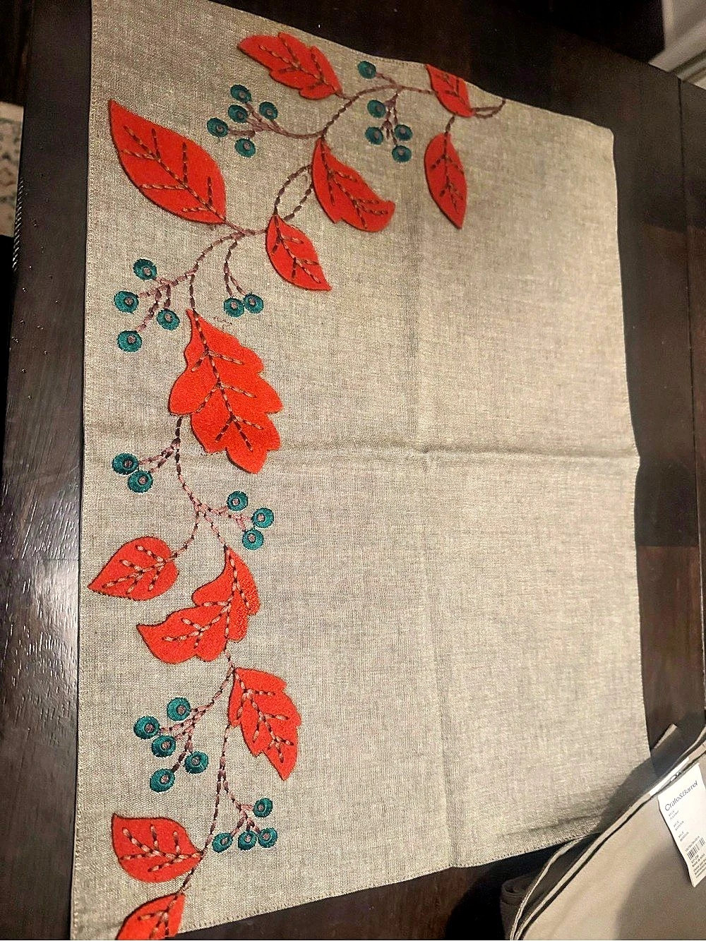 Crate & Barrel Willa Placemat Floral Embroidered Gray & Red